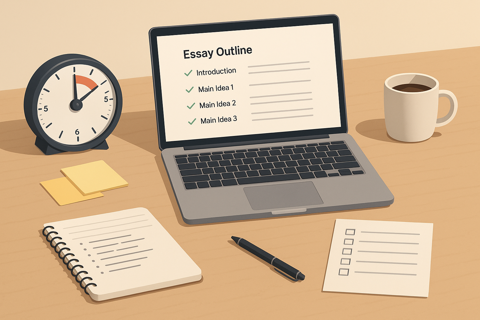 Two-hour essay workflow: laptop with essay outline, countdown timer, notes, and coffee.