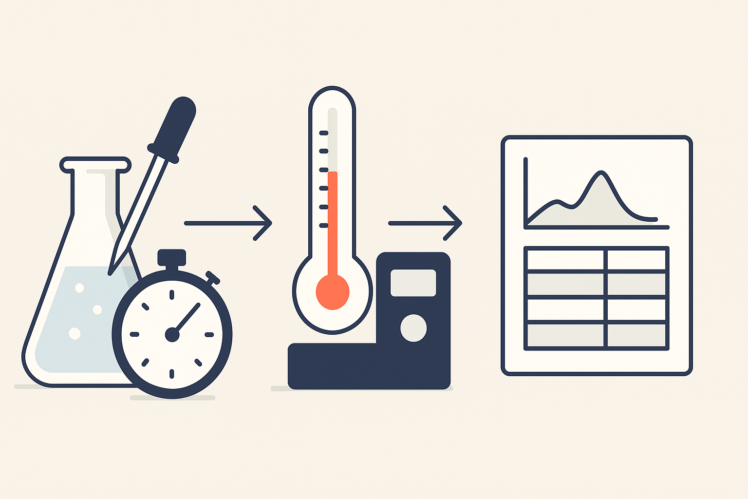 Minimal lab workflow: flask and stopwatch, thermometer with spectrophotometer, then chart and table, connected by arrows